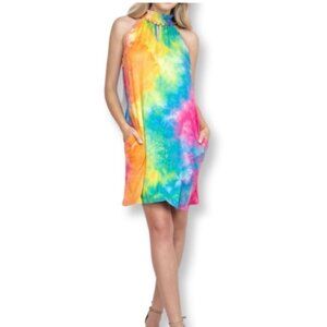 Perfect Peach Smocked Halter Neckline TIe-Dye Dress Size Small
